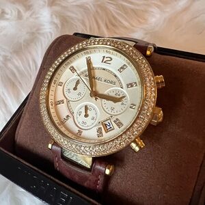 Michael Kors Gold and Crystal Brown Leather Band Watch